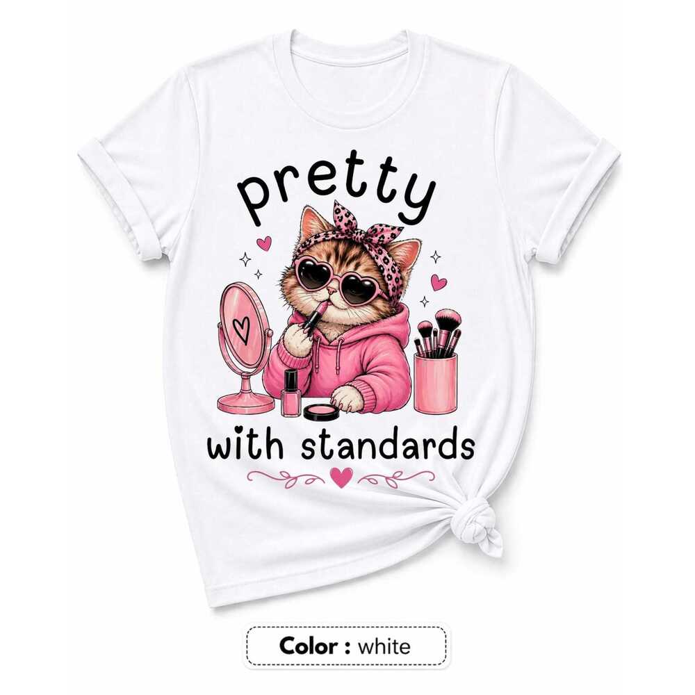 Pretty With Standards Shirt, Cat Makeup TShirt White - Picture 1 of 4